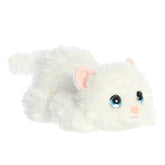Soft white stuffed Angora kitten plush with affectionate blue eyes in a playful, ready-to-pounce position.